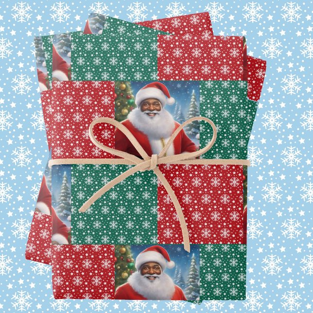 African American Santa Snow in Red & Green Wrapping Paper Sheet (Creator Uploaded)