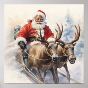 African American Santa Two Reindeer Sleigh Poster