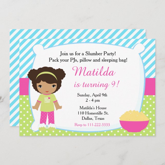 African American Sleepover Slumber Party Birthday Invitation (Front/Back)