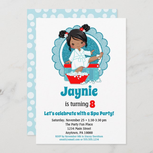 African American Spa Party Girls Birthday Invitation (Front/Back)