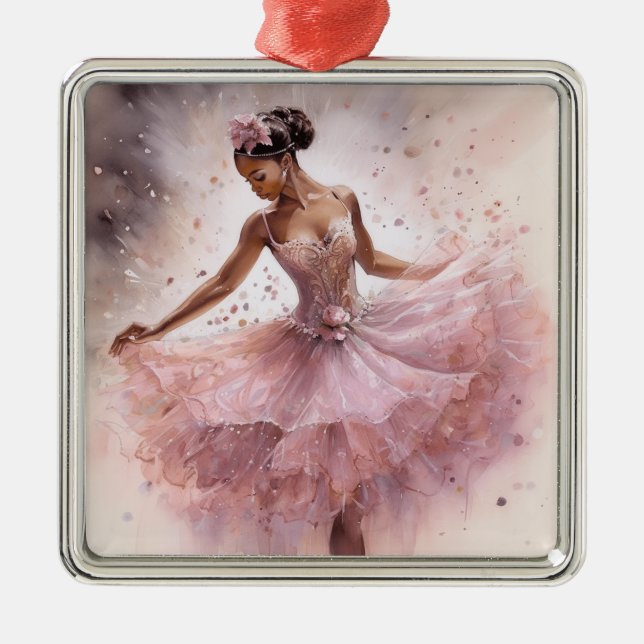 African American SugarPlum Fairy Pink Floral Tutu Metal Ornament (Front)