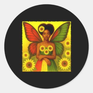 African American Sunflower Fairy Woman Girls Classic Round Sticker