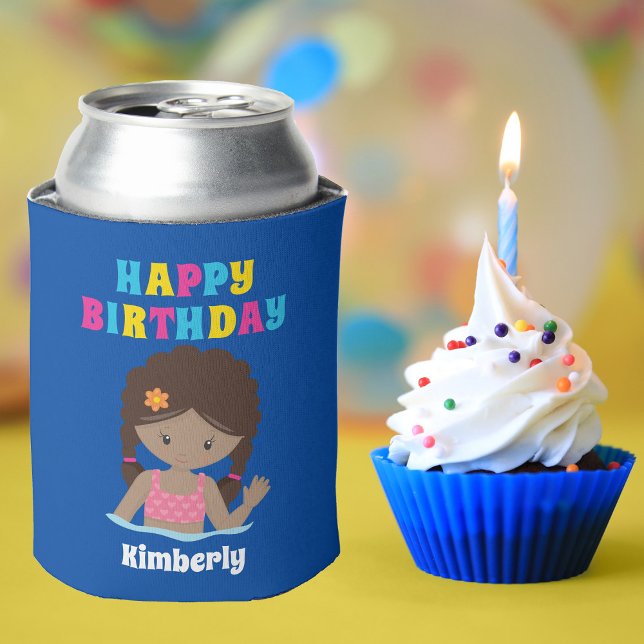 African American Swimming Girl Pool Party Birthday Can Cooler (Creator Uploaded)