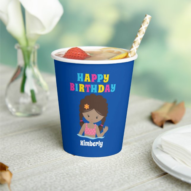 African American Swimming Girl Pool Party Birthday Paper Cups (Insitu)