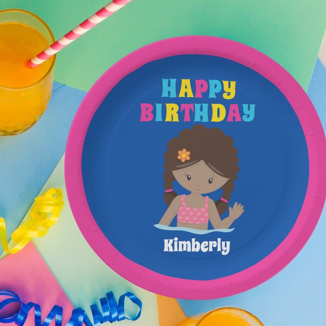 African American Swimming Girl Pool Party Birthday Paper Plate (Creator Uploaded)