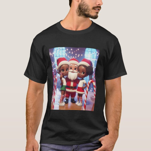 African American Tween Sisters with Santa Selfie C T-Shirt (Front)