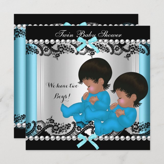 African American Twin Boys Baby Shower Blue 3 Invitation (Front/Back)
