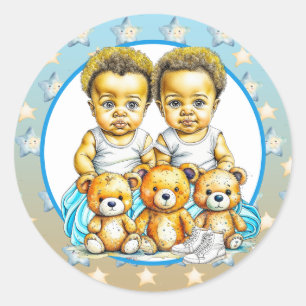 African-American Twin Boy's Blue Baby Shower Classic Round Sticker