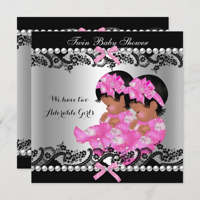 African American Twin Girls Baby Shower Hot Pink Invitation (Front/Back)