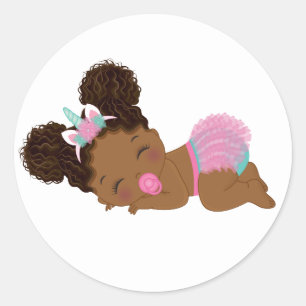 African American Unicorn Baby Girl Round Sticker