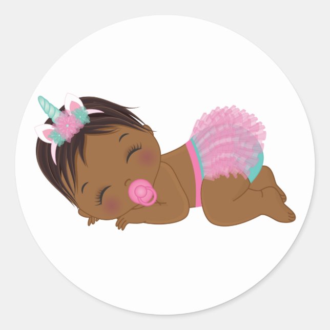 African American Unicorn Baby Girl Round Sticker (Front)