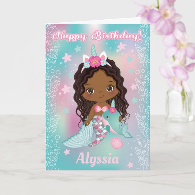 African American Unicorn Mermaid Birthday Card (Orchid)