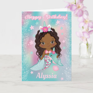 African American Unicorn Mermaid Birthday Card