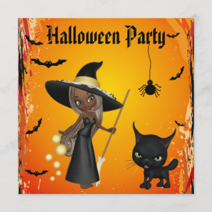 African American Witch & Cat Halloween Party Invitation