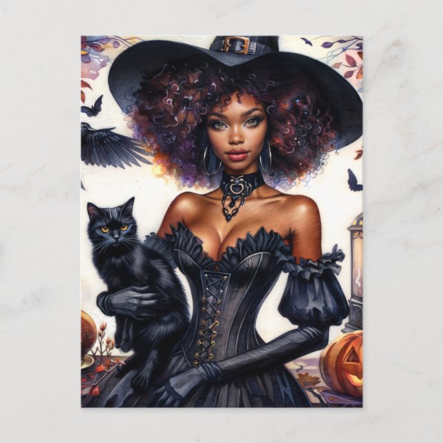 African American Witch With Black Cat Halloween Postcard (Front)