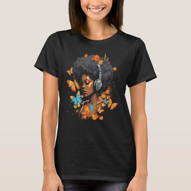African American Woman Black Girl Headphones Butte T-Shirt (Front)