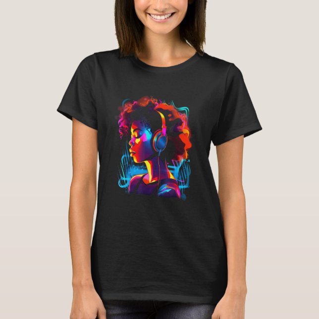 African American Woman Black Girl Headphones Music T-Shirt (Front)