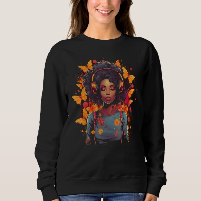 African American Woman Black Girl With Headphones  Sweatshirt (Front)