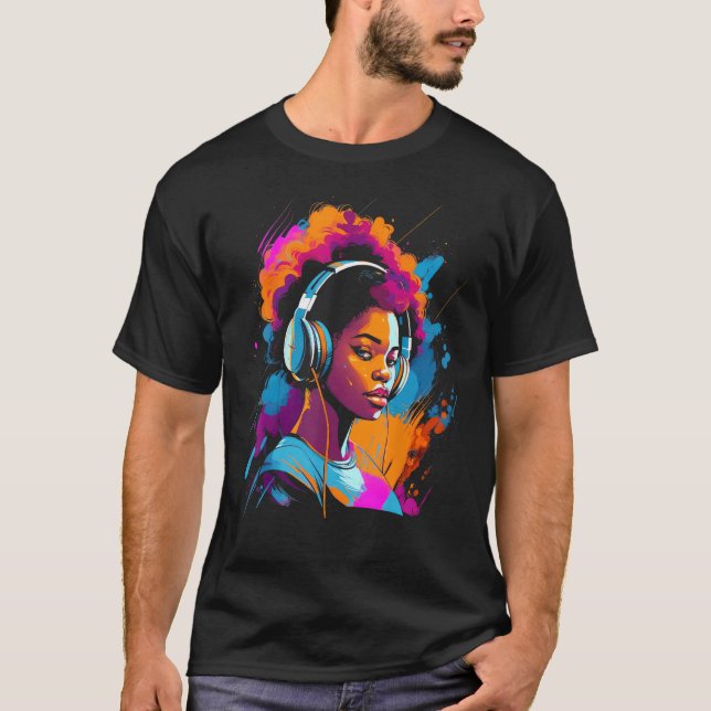 African American Woman Black Girl With Headphones  T-Shirt (Front)