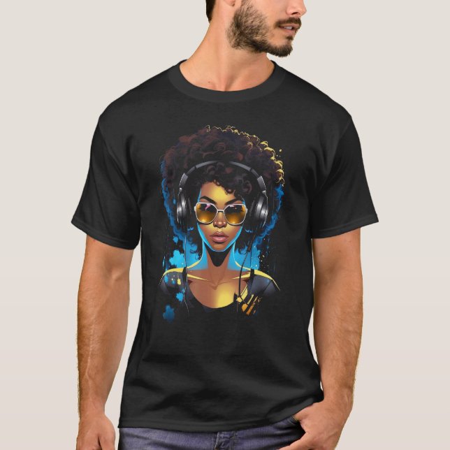 African American Woman Black Girl With Headphones  T-Shirt (Front)