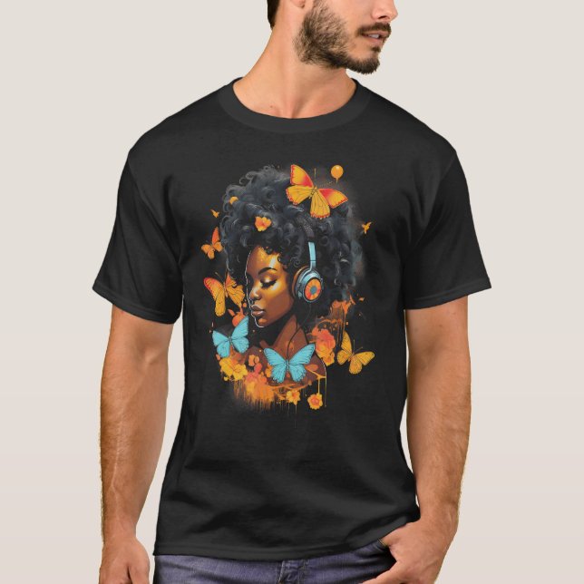 African American Woman Black Girl With Headphones  T-Shirt (Front)