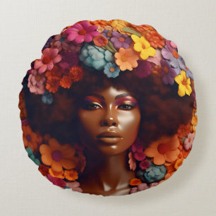 African American Woman Black Queen Melanin Poppin  Round Cushion
