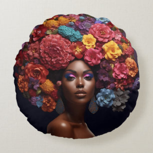 African American Woman Black Queen Melanin Poppin Round Cushion