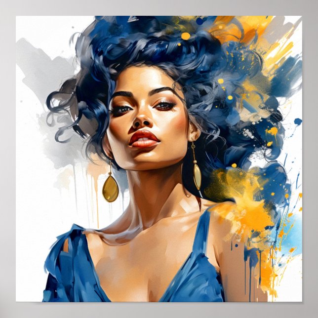 African American Woman Blue and Yellow Painting  Poster (Front)