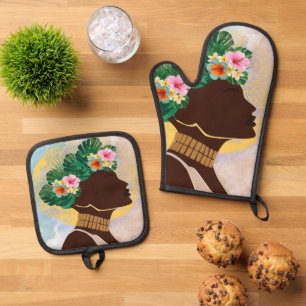 African American Woman Floral Crown Oven Mitt & Pot Holder Set