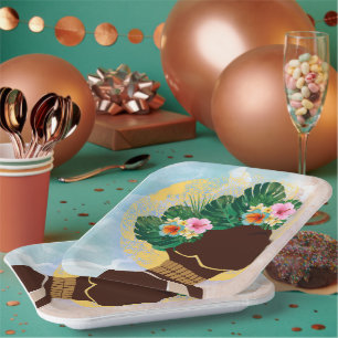 African American Woman Floral Crown Paper Plate