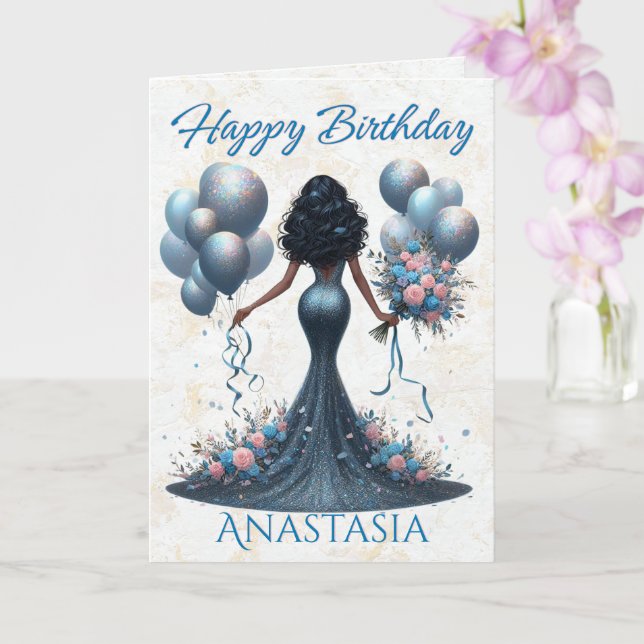 African American Woman Glamourous Blue Birthday Card (Orchid)