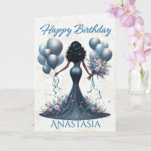 African American Woman Glamourous Blue Birthday Card