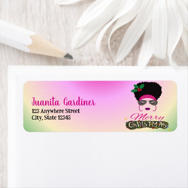 African American Woman Merry Christmas Return Address Label (Insitu)