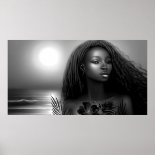 African American woman moonlight beach Monochrome Poster