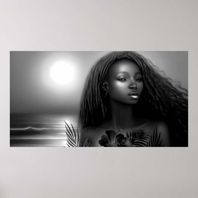 African American woman moonlight beach Monochrome  Poster (Front)