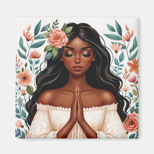 African American Woman Praying Floral Art Magnet