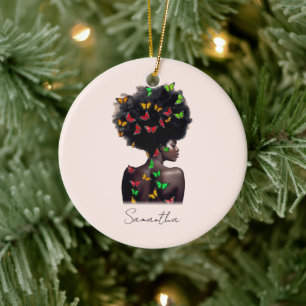 African American Woman with Butterfly-Filled Afro  Ceramic Ornament