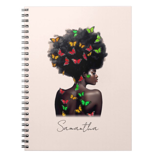 African American Woman with Butterfly-Filled Afro  Notebook (Front)