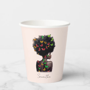 African American Woman with Butterfly-Filled Afro  Paper Cups