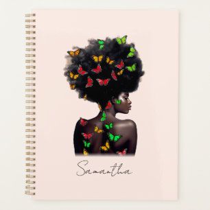 African American Woman with Butterfly-Filled Afro Planner