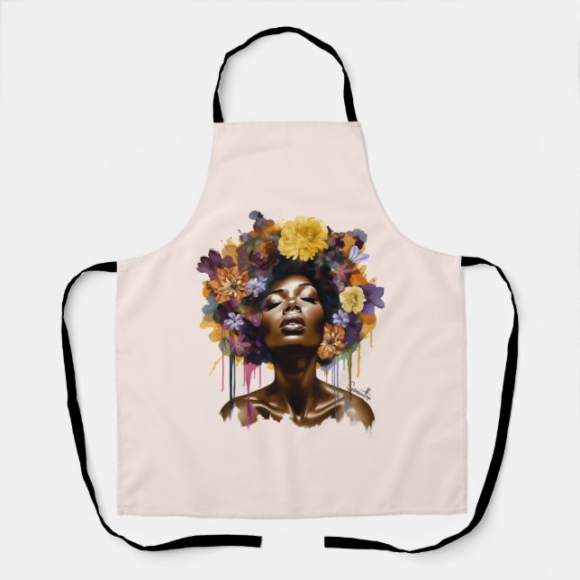 African-American Woman with Floral Afro Hair (3) Apron (Front)