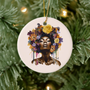 African-American Woman with Floral Afro Hair (3) Ceramic Ornament