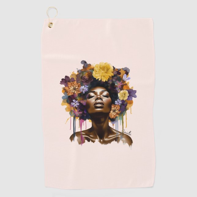 African-American Woman with Floral Afro Hair (3) Golf Towel (Front)