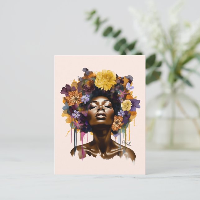 African-American Woman with Floral Afro Hair (3) Postcard (Standing Front)