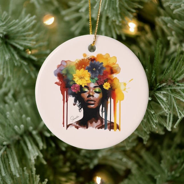 African-American Woman with Floral Afro Hair Ceramic Ornament (Tree)