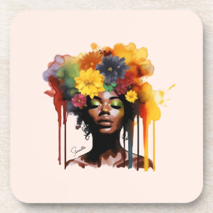 African-American Woman with Floral Afro Hair Coaster