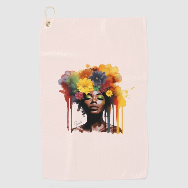 African-American Woman with Floral Afro Hair Golf Towel (Front)