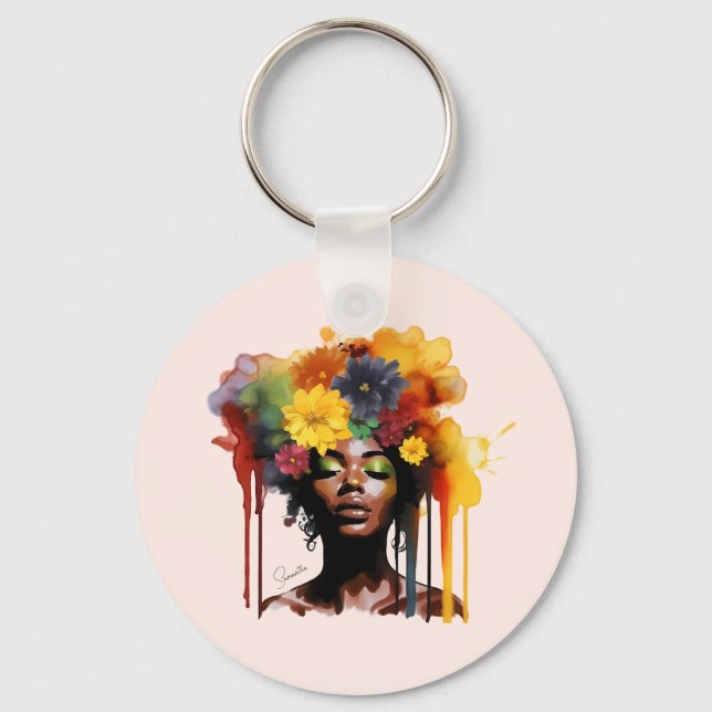 African-American Woman with Floral Afro Hair Key Ring (Front)