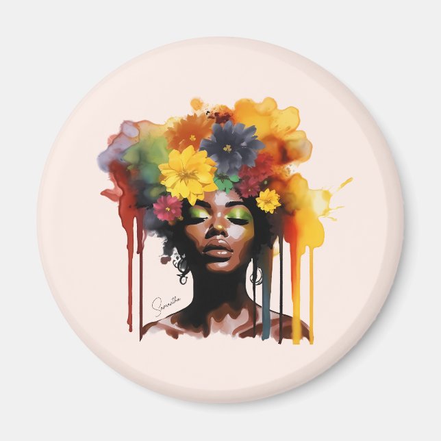African-American Woman with Floral Afro Hair Magnet (Front)