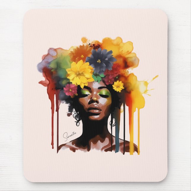 African-American Woman with Floral Afro Hair Mouse Pad (Front)
